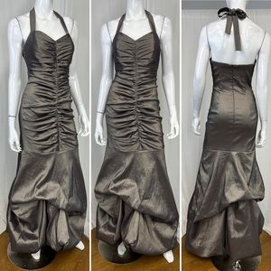 Vintage Jessica McClintock 6 Tafetta Bronze Ruched Long Halter Formal Gown Dress